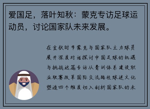 爱国足，落叶知秋：蒙克专访足球运动员，讨论国家队未来发展。